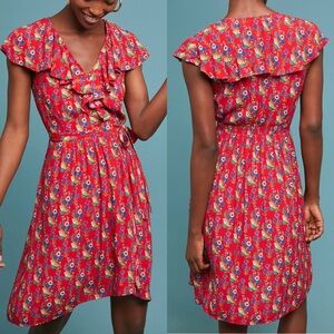 Anthropologie Maeve Rosalia Red Floral Faux Wrap Ruffle Dress - Size 0